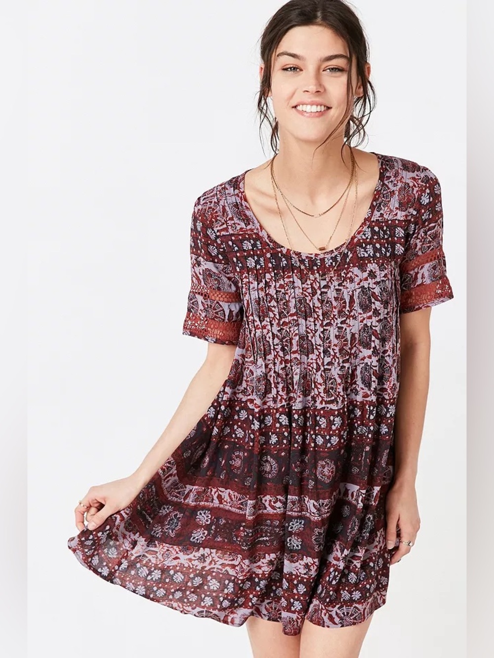 Ecote Lavender and Rust Boho Short Sleeve Tunic Dress